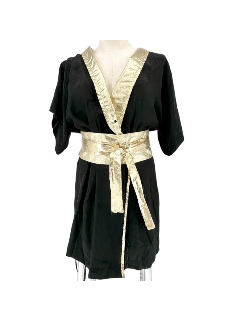 Native Rose Vintage Kimono Dress Womens 8 Black Gold Silk Lined Made in USA NYC